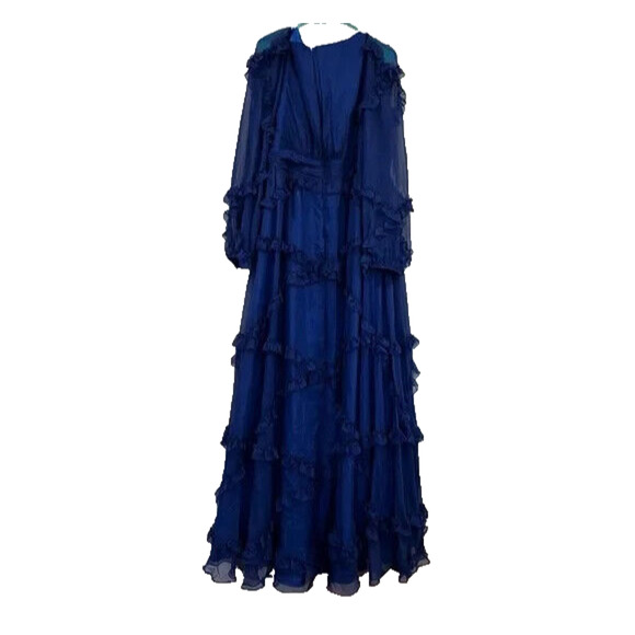 Mac Duggal 68223 Cascaded Ruffle Bishop Puff Sleeve A Line Gown Blue Sz 10 NEW - Picture 8 of 9